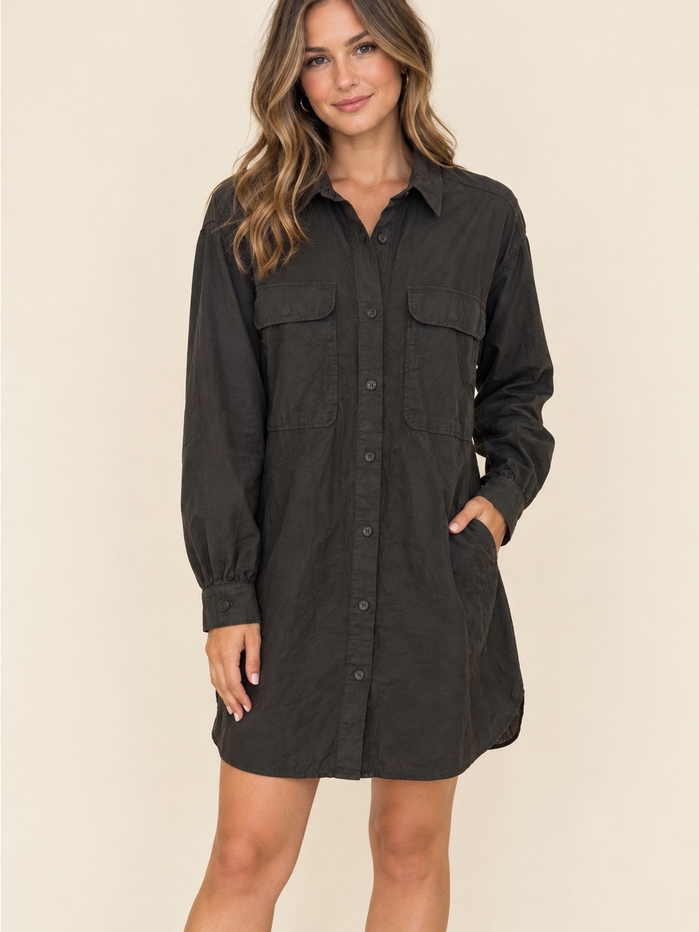 UGG Charcoal Button-Front Long Sleeve Shirt Dress